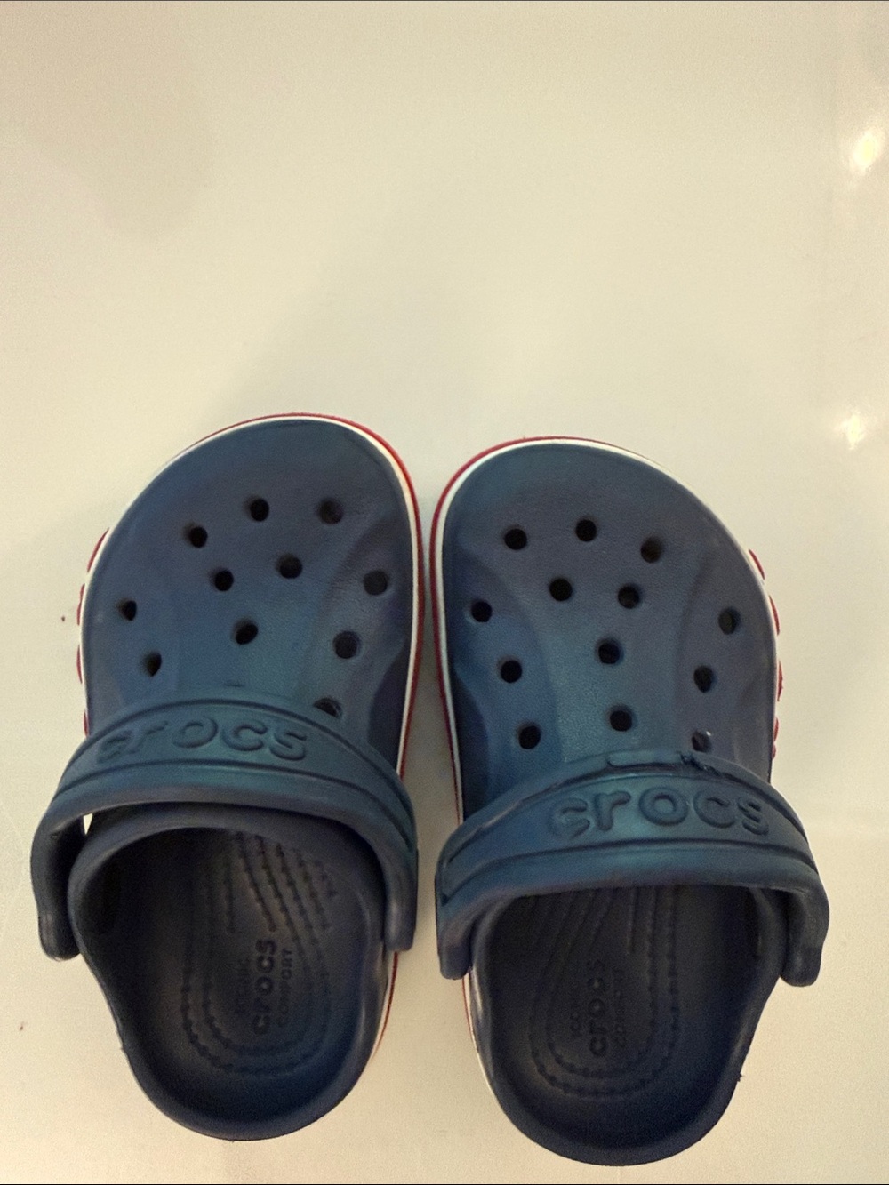 CROCS toddler Navy Blue Clogs with Red & White Trim